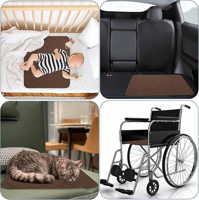 Waterproof Chair Pads for Incontinence, 4 Pack Reusable Seat Protector Pads 18" x 16", Absorbent Wheelchair Pad Covers, Washable Chair Pads for Adults, Kids & Pets - Brown