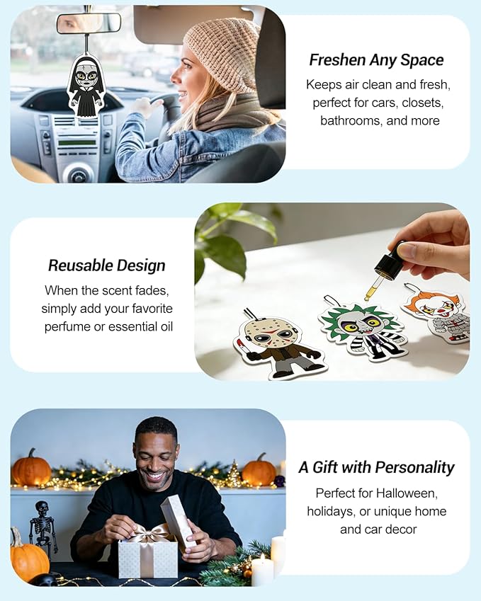 Car Air Freshener Hanging, 6Pcs Horror Figures Halloween Tree Decorations, Horror Movie Gifts, Halloween Air Freshener Car Decor, Scented Rearview Mirror Pendant, Halloween Gifts for Men Women