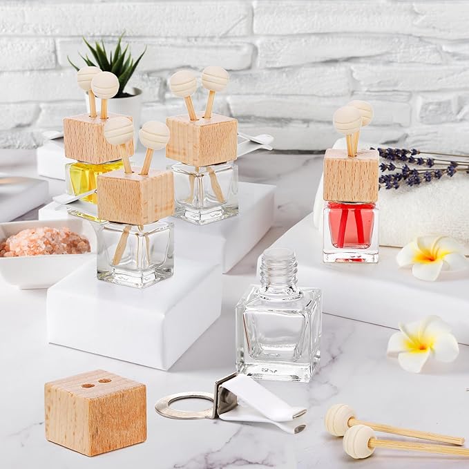 20 Pack Car Diffuser Bottles Empty, Essential Oil Diffuser Bottle with Vent Clip, Clear Glass Perfume Bottle, Wooden Cap Aromatherapy Car Air Freshener Diffuser for Auto Fragrance, Cars Decor