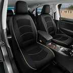 Road Comforts Car Seat Covers, Leather Front Seat Covers with Piping, Air-Cool Mesh Designed, Airbag Compatible Automotive Seat Covers for Most Car, Truck, Van, SUV - Black with Beige Piping