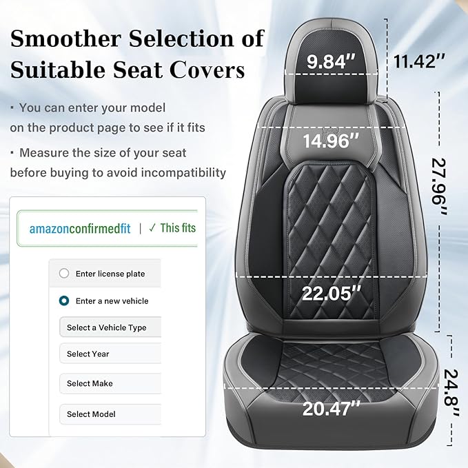 Coverado Seat Covers Full Set, Faux Leather Seat Covers for Car, Waterproof Car Seat Protectors 5 Seats, Automotive Seat Covers Universal Fit for Most Cars SUV Trucks- Gray&Black
