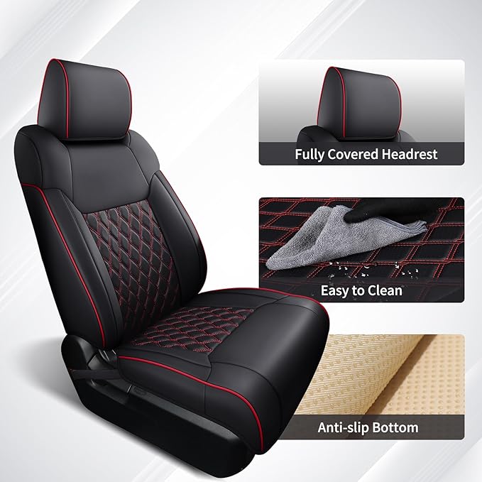Huidasource Front Truck Seat Covers Fit for 2nd Gen Toyota Tacoma 2005-2015 Double&Crew Cab, Leather Car Seat Cushion Cover for Tacoma Base, PreRunner, SR5, Limited, TRD Sport(Front Pair/Black&Red)