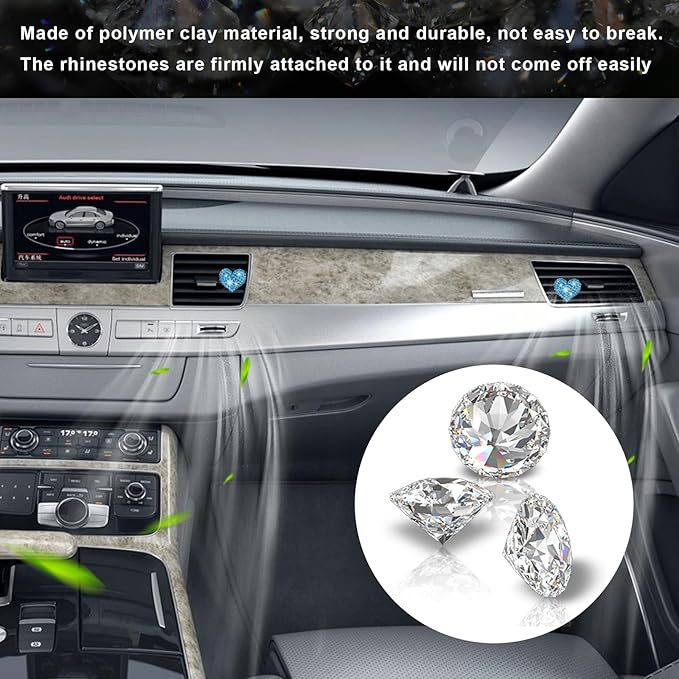 Ziciner 2PCS Bling Heart Car Air Vent Clips Charms, Heart Shaped Crystal Car Air Freshener Vent Clips, Rhinestone Air Conditioning Outlet Clip, Vehicle Decor Accessories for Women Girls (Blue)