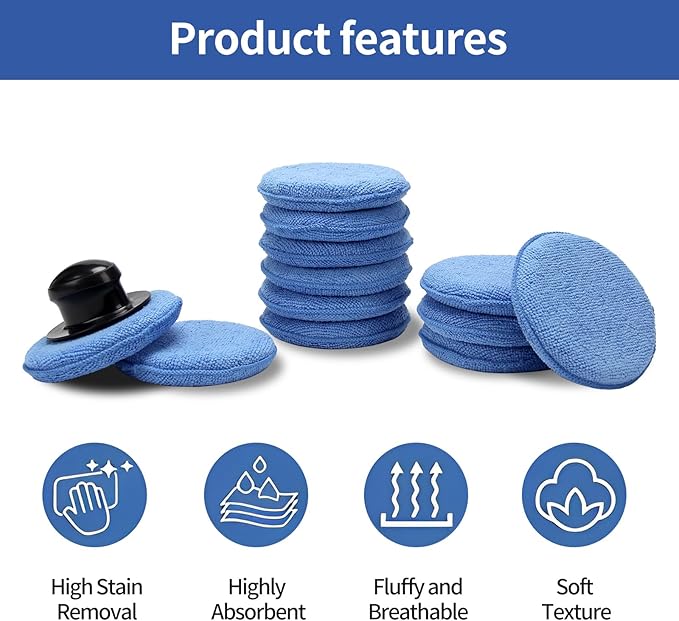 Microfiber Wax applicator pad,car Wax applicator pad with Waxing Handle, Foam applicator Pads for car Detail,Buffing Polishing Foam Pads for Car Cleaning and Fine Polishing (5 inch, 12 Pack)