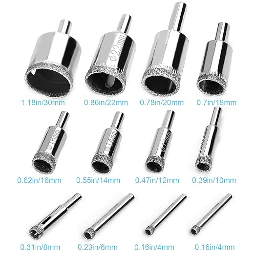 12 Pcs Diamond Drill Bits for Ceramic, Diamond Hole Saw Drill Bit Set Kit, Premium Glass Drill Bit for Bottles, Pots, Marble, Granite Stone, Tile Cutting 0.16 Inch - 1.18 Inch（4 mm - 30 mm） YLYL