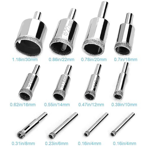 12 Pcs Diamond Drill Bits for Ceramic, Diamond Hole Saw Drill Bit Set Kit, Premium Glass Drill Bit for Bottles, Pots, Marble, Granite Stone, Tile Cutting 0.16 Inch - 1.18 Inch（4 mm - 30 mm） YLYL