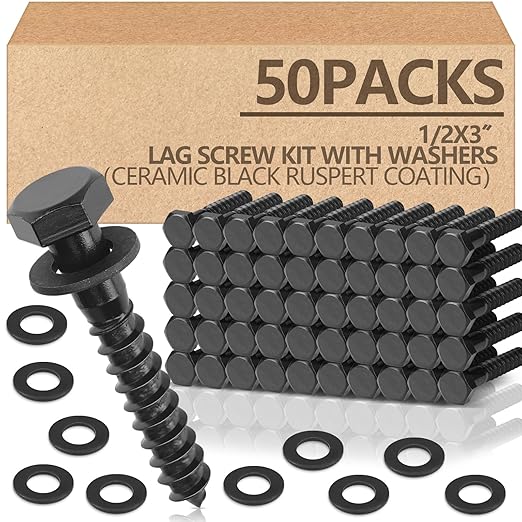 Tandefio 50 Pack 1/2''x 3'' Hex Head Lag Bolts for Wood Ceramic Black Lag Screw Kit with Washers Heavy Duty Hot Dip Galvanized Ruspert Coating Double Layer for Decks Fences