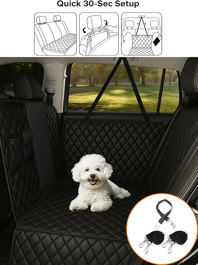 Dog Car Seat Cover, Universal Fit, Waterproof, Breathable, Machine Washable, Pet Hammock with Storage Pocket, Black (Black, Large(59" W))