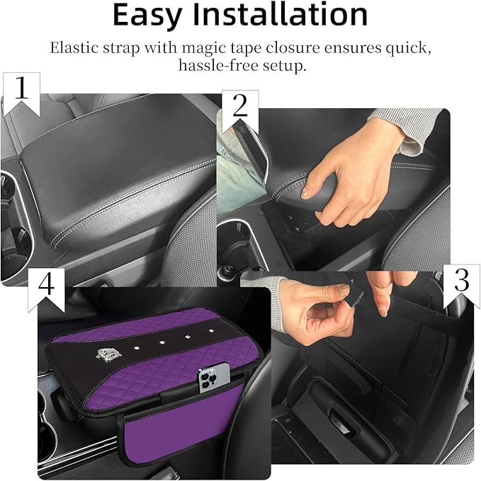 NBTEPEM Bling Crown Car Center Console Armrest Cover, Leather Middle Console Cover Cushion with 2 Storage Bags, Car Armrest Storage Box Interior Accessories for Most Vehicles(Purple)