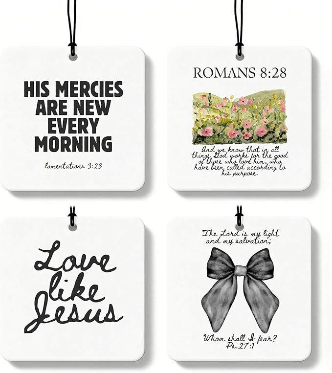Black Christian Car Air Freshener 4 Pcs, Coquette Black Bow Bible Verse Religious Hanging Air Freshener for Cars Closet Drawer Books, Cute Christian Car Accessories Mirror Decor for Women