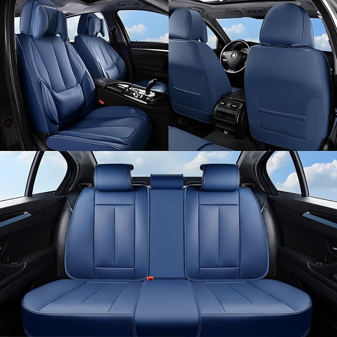 Coverado Seat Covers, Car Seat Covers Front Seats, Car Seat Cover, Car Seat Protector Waterproof, Seat Cushion Nappa Leather with Head Pillow, Carseat Cover Universal Fit for Most Cars (Blue)
