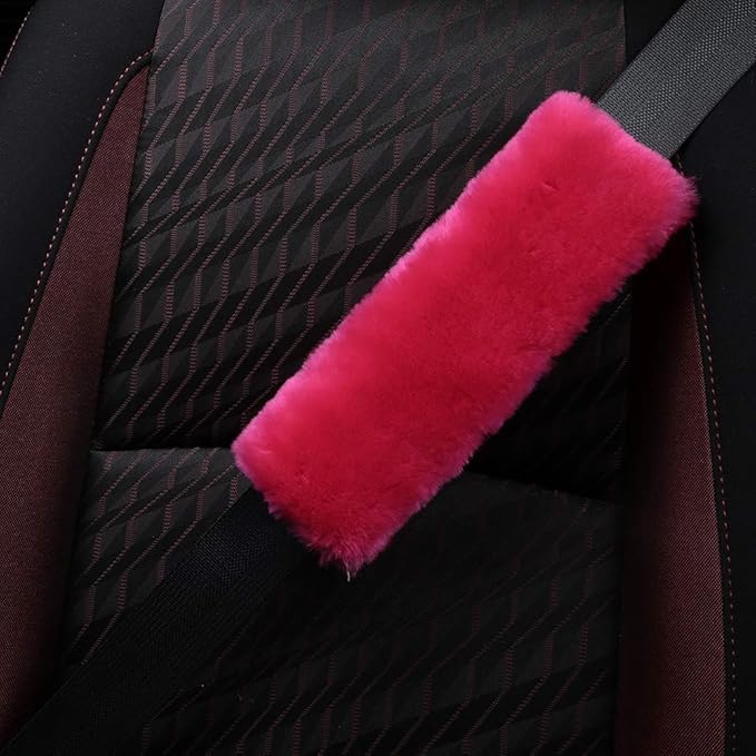 2 Pack Natural Fur Comfort Auto Authentic Sheepskin Car Seat Belt Pads for Adults, Soft Texture Shoulder Neck Cushion Pad Protector, Genuine Australia Merino Wool Cover (Reddish Pink)