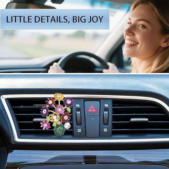 Flower Car Decor,Cute Dasiy Bird Vase Car Air Freshener Vent Clip,Bling Alloy Colorful DashBoard Vent Decorations Aesthetics for Women,Refillable Aroma Diffuser