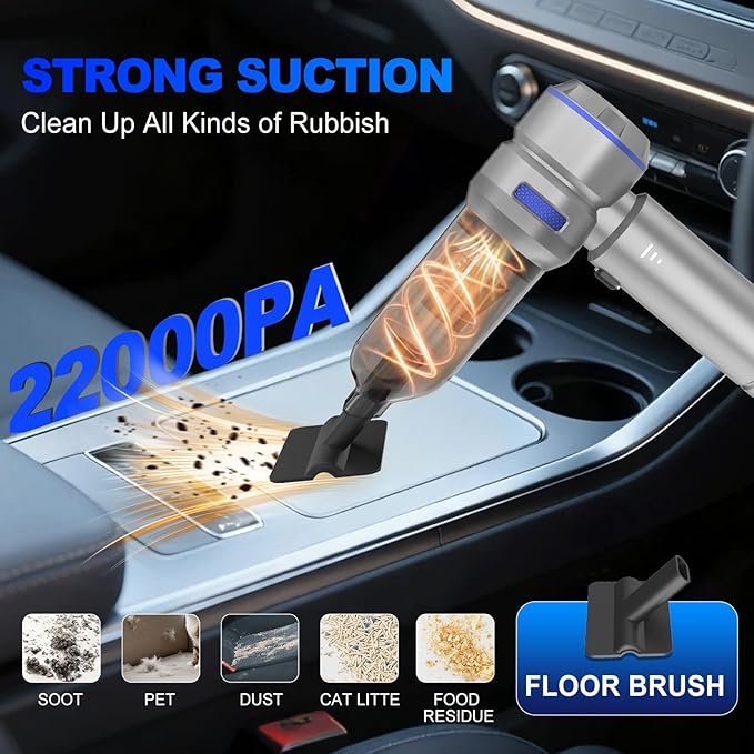 Handheld Car Vacuum Cordless, 22000PA Strong Suction Mini Vacuum Cleaner with Brushless Motor, 4-in-1 Portable Vacuum for Car Detailing, Home, Office & Travel, Silver Blue