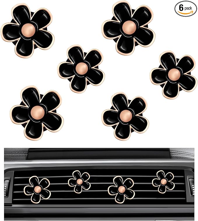 6PCS Car Air Vent Clip, Daisy Flower Auto Scents Air Freshener Clip with 6 Fragrance Piece, Decorative Auto Air Conditioning Clip for Women Girl, Universal Car Accessories (Black)