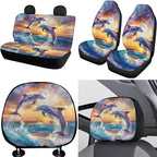 FKELYI Dolphin Car Seat Covers - Full Set with Steering Wheel, Gear Shifter, Handbrake, Headrest Covers and Cup Coasters