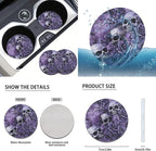 FKELY Purple Skull Car Seat Covers - Full Set for Women - Floral Foiled with Headrest & Gear Shift Cover, Steering Wheel Cover, Handbrake & Cup Coasters