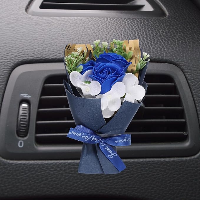 uxcell Dark Blue Small Bouquet Car Air Freshener Vent Clips, Mini Decorative Rose Bouquet with Fragrance Diffuser for Women, Automotive Air Freshener Decoration, Style 1