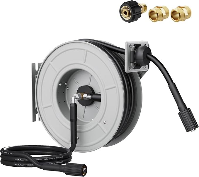 Giraffe Tools Pressure Washer Hose Reel 60ft, 2600 PSI Power Washer Hose Reel, Pressure Washer Retractable Hose Reel, Heavy Duty, Wall/Floor Mounted
