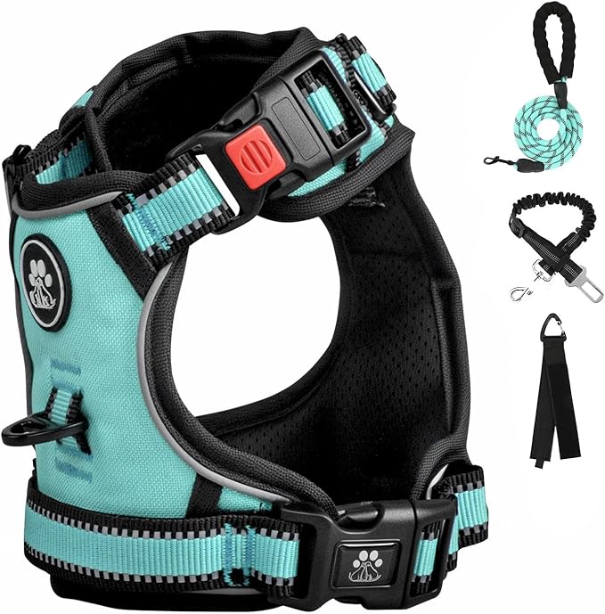 FURRYFECTION Plaid Dog Harness for Large Dogs, Reflective No Pull Adjustable Pet Vest with Front Clip, Leash, Easy Control Handle and Seat Belt, Turquoise, XL