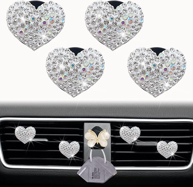 4 Pcs Silver Bling Heart Air Vent Clips, Heart Car Air Fresheners Vents Clips Car Diffuser Diamond Car Interior Decor Charm Cute Cars Accessories Cars Decoration for Women + Cute Butterfly Mask Hook