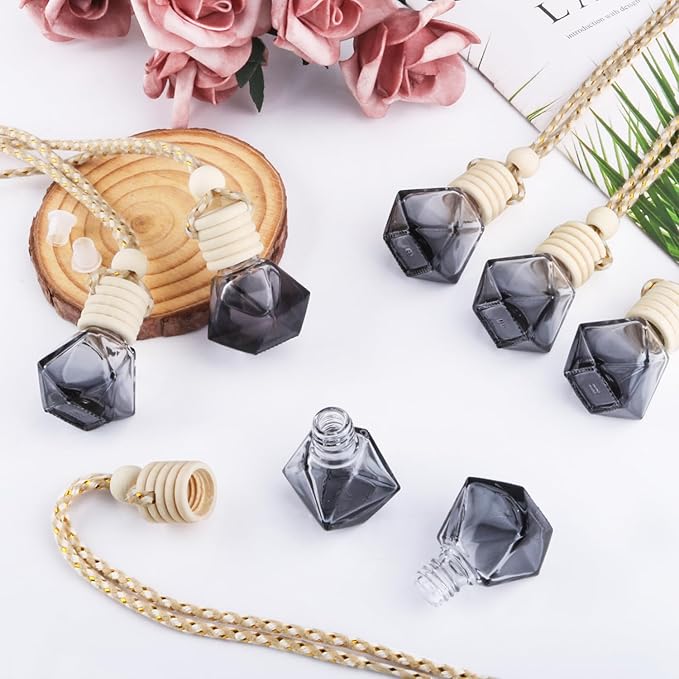 15 Pack Black Glass Car Hanging Bottles Empty Car Air Freshener Diffuser Bottle Essential Oil Fragrance Perfume Pendant Bottles Auto Ornaments Decor (Diamond)
