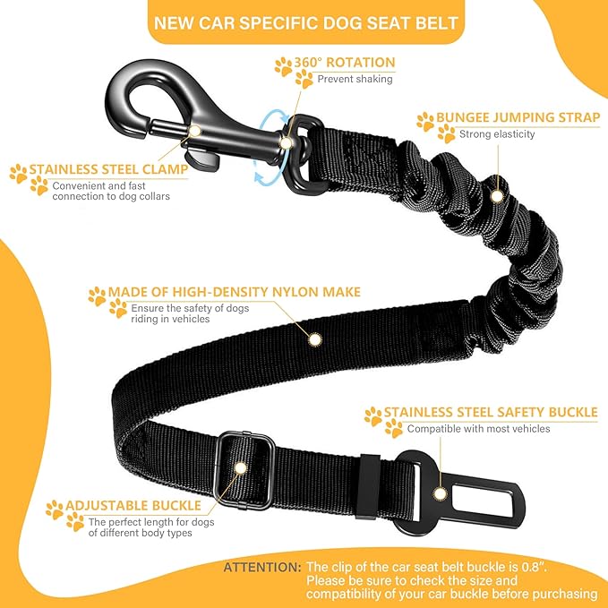 Dog Seat Belt Retractable Dog Car Harness 1 Pack Adjustable Elastic Bungee Buffer Heavy Duty & Durable & 360 Degree Swivel.