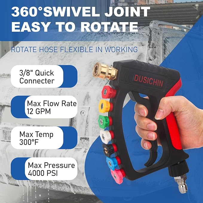 DUSICHIN Short Pressure Washer Wand High Spray Swivel Gun 7 Nozzle Tips 4000 PSI, Pressure Washer Attachment 1/4" Quick Connector Outlet,M22-14mm M22-15mm 3/8" INLET, Not for Garden Hose DUS2911