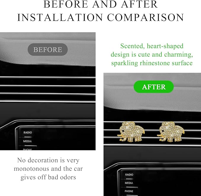 2 PCS Bling Car Air Vent Clip, Crystal Heart Car Air Fresheners Diffuser Vent Clip, Rhinestone Air Conditioning Outlet Clip For Women Girls, Interior Decor Car Accessories (Elephant, Golden)