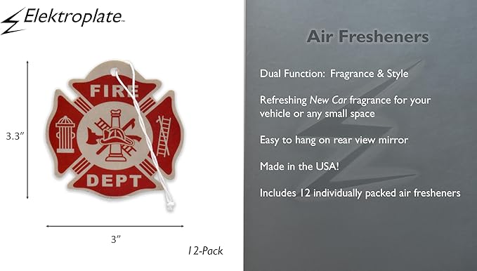 Elektroplate Fire Department Firefighter Red Automotive Air Fresheners for Vehicles | New Car Scent (12-Pack) | Made in the USA
