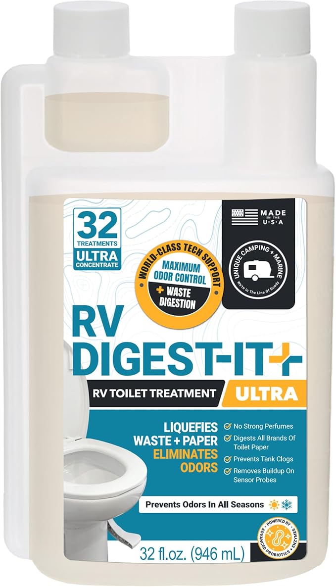 Unique RV Digest-It Ultra RV Toilet Treatment, 32 Uses, Super Concentrated - Eliminates Smells and Liquifies Waste, Easy-Measure Extra-Strength Preventive Bio-Enzymatic Holding Tank Treatment (32 oz)