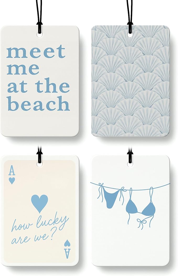 Blue Beach Car Air Freshener 4 Pcs, Preppy Girly Coastal Beachy Seashell Ace Card Hanging Air Freshener for Cars Closet Drawer Books, Cute Blue Beach Car Accessories Mirror Decor for Women