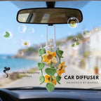 Handmade Crochet Hanging Car Air Freshener - Sunny Sunflower Design, 12ml Refillable Thick Glass Bottle, Car Diffuser for Rearview Mirror, Home & Office Cheerful Decor