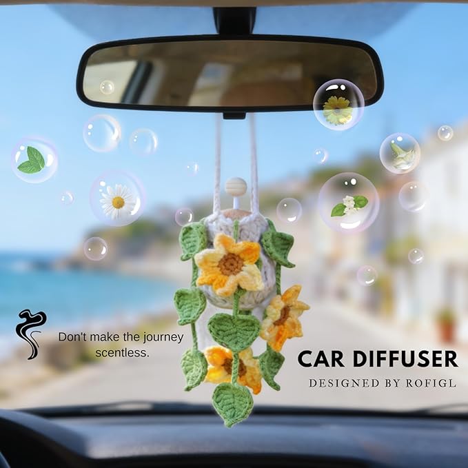 Handmade Crochet Hanging Car Air Freshener - Sunny Sunflower Design, 12ml Refillable Thick Glass Bottle, Car Diffuser for Rearview Mirror, Home & Office Cheerful Decor