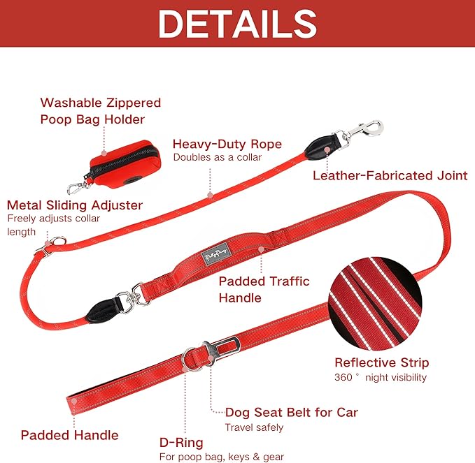 6FT Heavy Duty Dog Leash for Small Medium Large Dogs, Tangle Free Reflective Dog Training Leash with Double Handle, Seat Belt Buckle & Poop Bag Holder (Red)