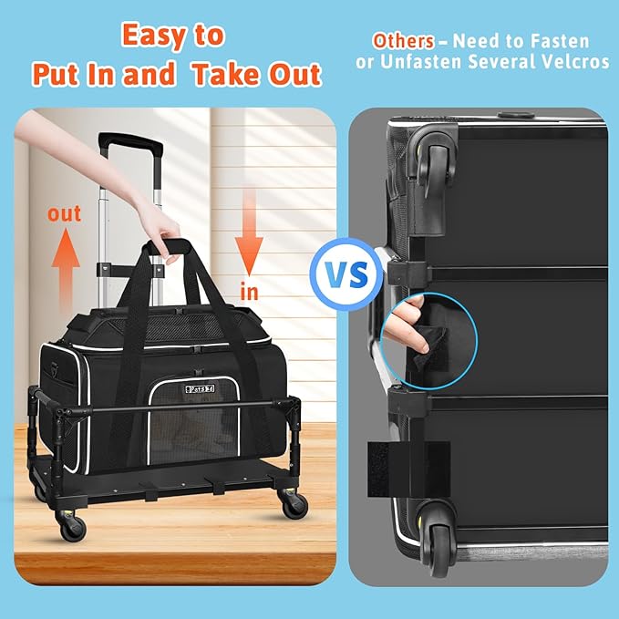 Petskd Top-Expandable Small Pet Carrier with Wheels (17" L x 12" W x 8.5" H), JetBlue/Allegiant/Spirit Airlines Approved, Rolling Pet Carrier for Small Dogs & Cats (Black)