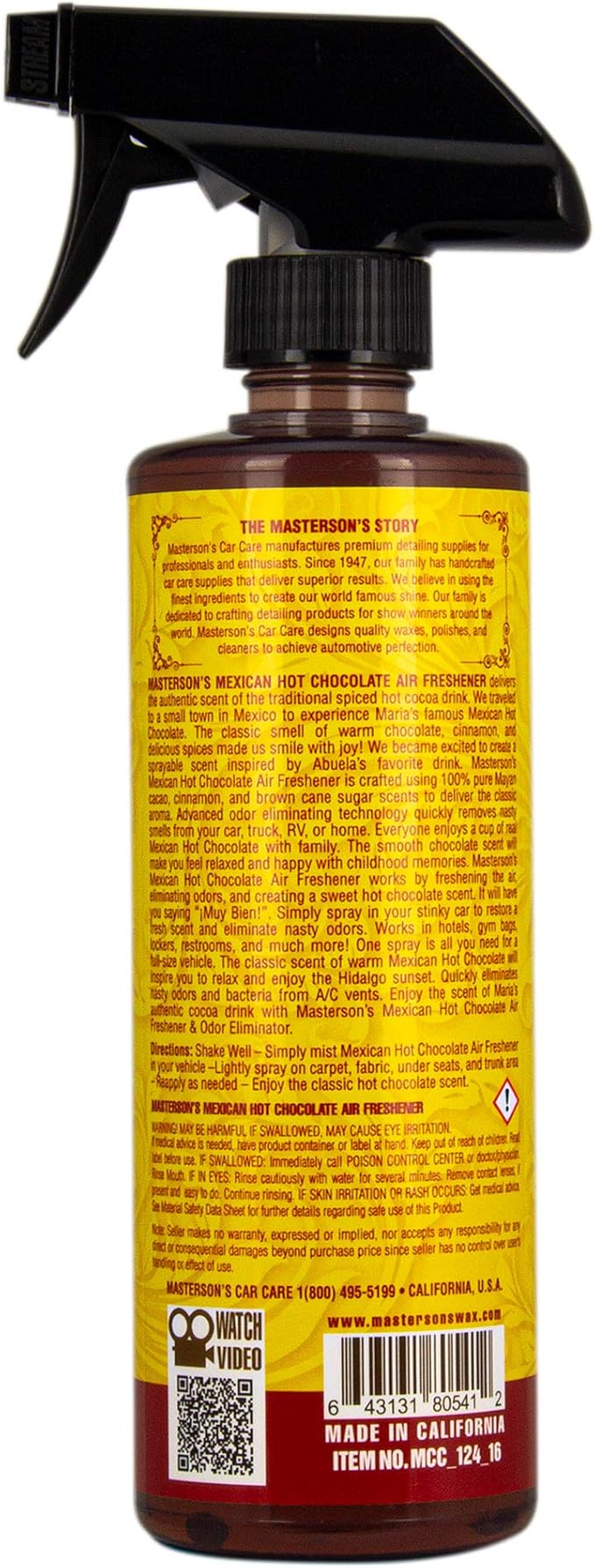 Masterson's Car Care MCC_124_16 Mexican Hot Chocolate Air Freshener & Odor Eliminator - Genuine Spiced Cocoa Scent - Works In Cars, Trucks, & Homes (16 oz)