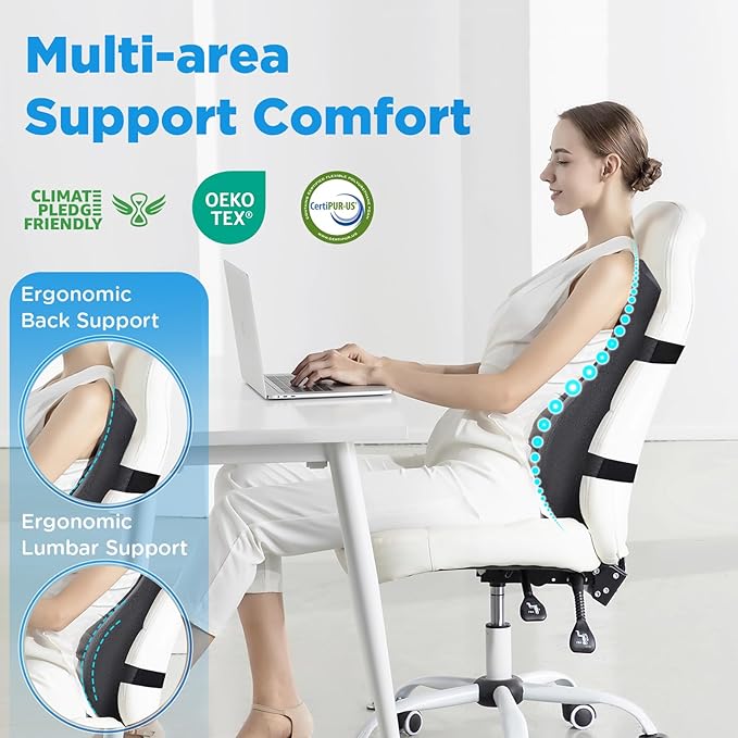 Teemour High Back Support Pillow for Office Chair, Fully Support Back Cushion - Memory Foam Lumbar Support Pillow for Offfice Chair, Desk, Gaming Chair, Promotes Posture Pain Relief Adjustable Straps