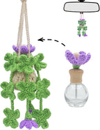 Handmade Crochet Hanging Car Air Freshener - Lucky 4-Leaf Clover Charm with 12ml Refillable Glass Essential Oil Diffuser Bottle, St. Patrick's Day Car Accessories & Bedroom Lucky Decor