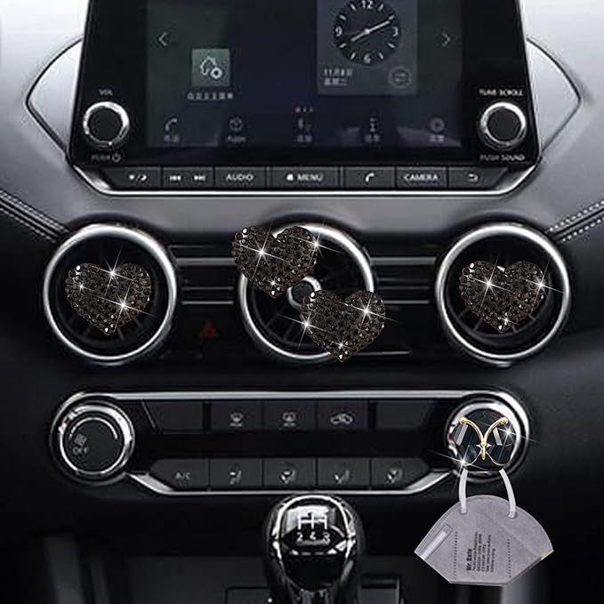 Black Heart Air Vent Clips, 4 Pcs Bling Heart Air Fresheners Vents Clips Diamond Car Interior Decor Charm Cute Car Accessories + Cute Butterfly Mask Hook