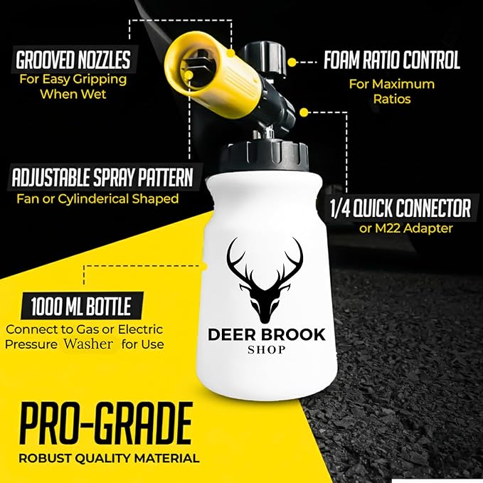 Hornet Foam Cannon for Pressure Washer - Soap Dispenser for Power Washer - 4000 PSI Adjustable Car Wash Sprayer with Wide Mouth - 1/4" Quick Connector - Wide Mouth 1L Bottle