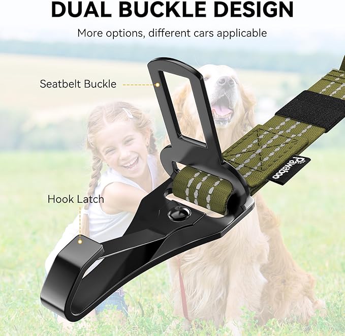 Pawaboo 2Pack Dog Seatbelt for Car, 3-in-1 Dog Car Seat Belt, Shockproof Dogs Tether with Buckle & Hook Latch, Adjustable Reflective Dogs Cars Leash with 360° Lockable Buckle, Army Green + Black