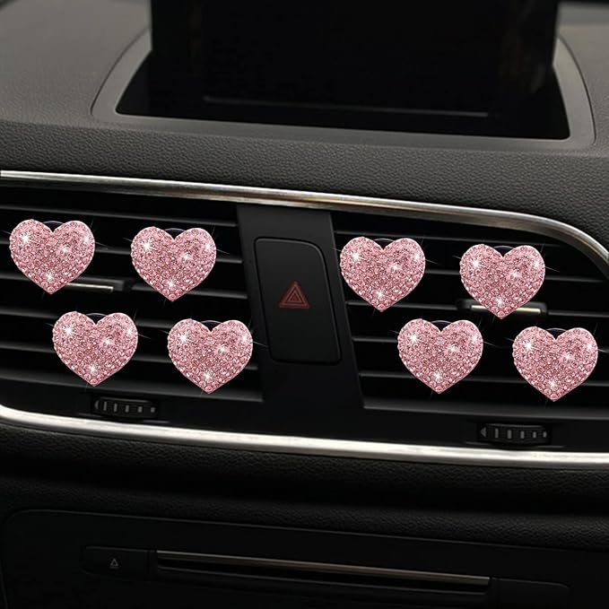 8-Pc Bling Heart Air Vent Clips, Crystal Heart Air Fresheners Vent Clip Rhinestone Car Decor - Cute Car Accessories for Women & Girls (Pink)