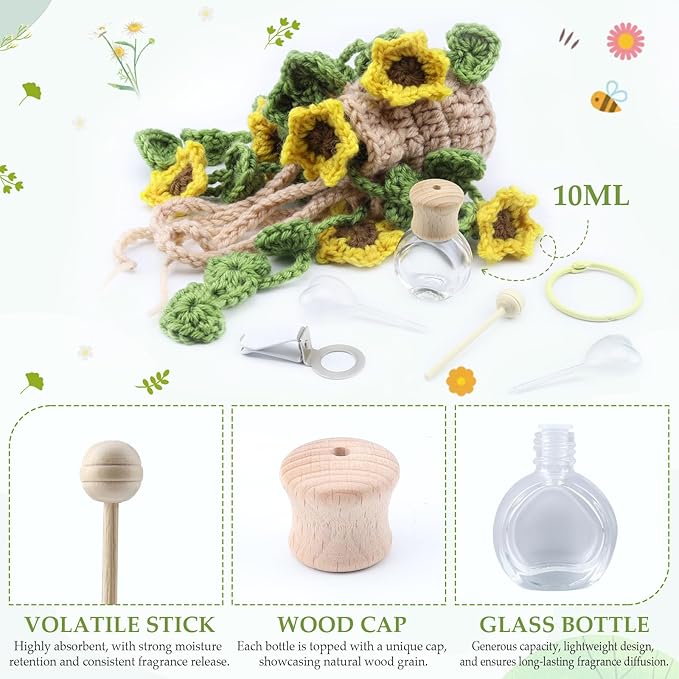 Crochet Car Air Freshener, Cute Crochet Plant for Rear View Mirror, Handmade Car Mirror Hanging Accessories, Plant Botanical Fern Leaf Design with 10ml Refillable Glass Essential Oil Bottle for Home