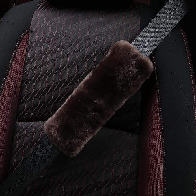 Soft & Cozy Australian Sheepskin Car Seat Belt Covers,2 Pack Fluffy Seatbelt Pads, Genunie Sheepskin Fur Shoulder Straps Cushions for Adults Kids Women and Men (Olive Brown)