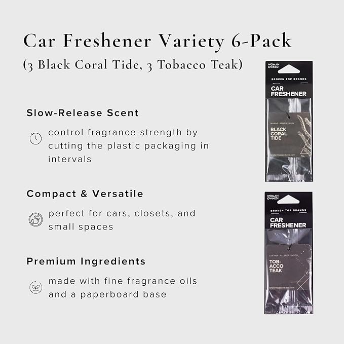 Geotanical Car Air Fresheners, Variety Pack of 6 (3 Black Coral Tide, 3 Tobacco Teak)