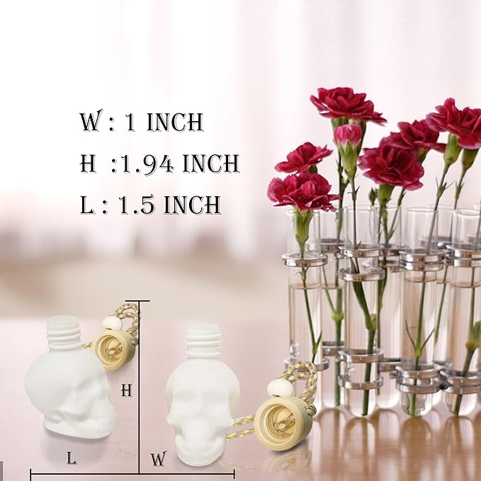 7PCS 15ML Skull Glass Bottle Set, Include Silica Gel Stopper, Wooden Cover, Dropper & Funnel for Car/Home/School Gift/Decoration/Office, White