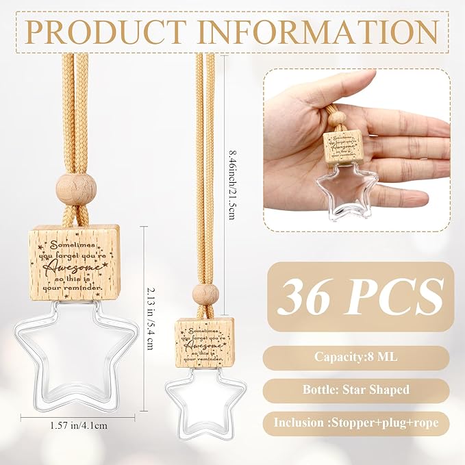 36 Pcs Star Shaped Car Fragrance Diffuser Bottle Bulk - Appreciation Gifts Set Hanging Glass Diffusers with Inspirational Message for Coworker Teacher Staff Thank You Gift (Sometimes)