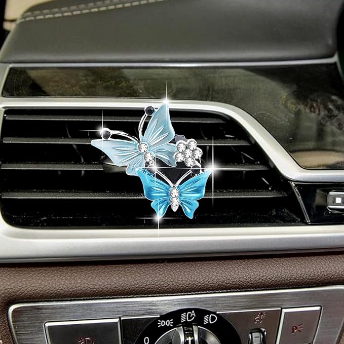 2Pcs Dual Butterfly Diamond Car Air Fresheners Vent Clips, Cute Dual Butterfly Air Vent Clips, Car Air Conditioning Outlet Clip Decorative Interior Accessories(Blue)