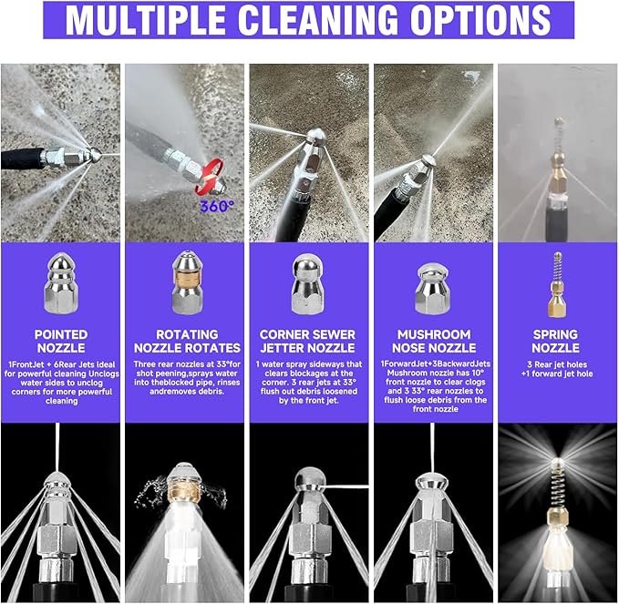 NIFUAL 200FT Sewer Jetter Kit for Pressure Washer, 5800PSI Drain Cleaner Hose 1/4 Inch NPT Corner, Rotating and Button Hose Sewer Jetting Nozzle Waterproof Tape Pearl Corsage Pin Spanner Glove